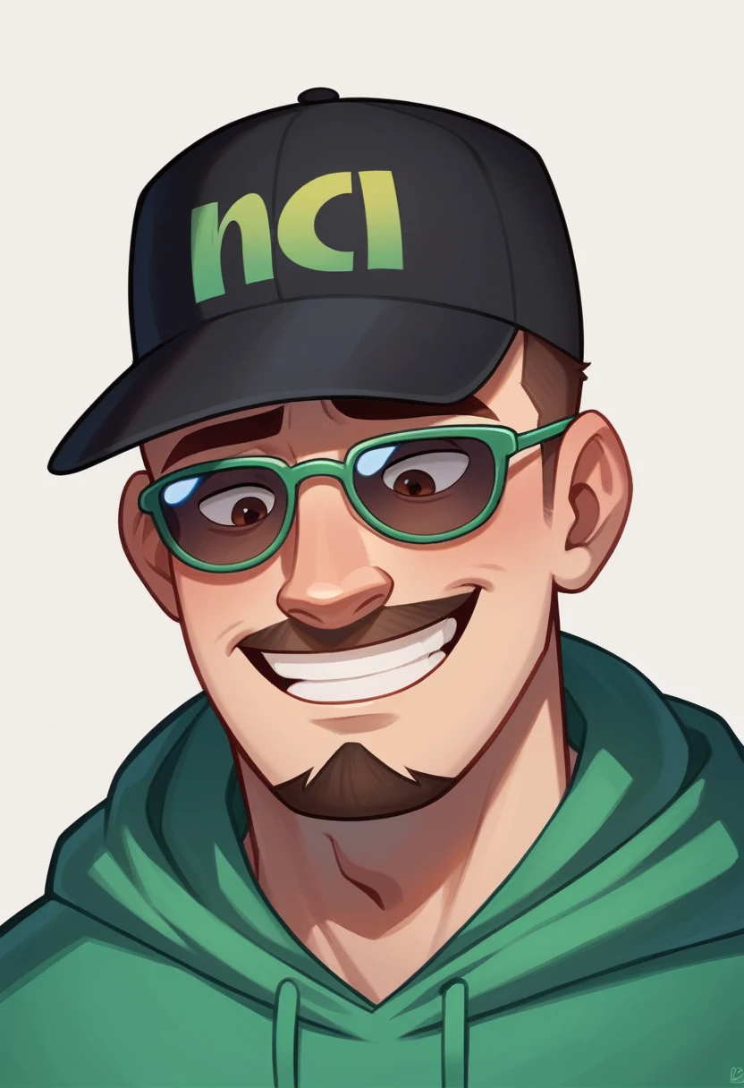 3D Pixar style young man looking down with a black cap and brim forward. Wearing sunglasses with green lenses, Green hooded sweatshirt with drawstring. Medium beard all over the face. Shy laugh in the corner of your mouth. Brown eyes and short hair. The skin is white and the face is slightly plump.