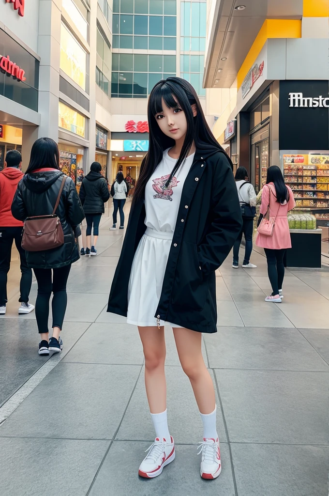 Girl shopping surprise face anime character in landscape image in front of mall