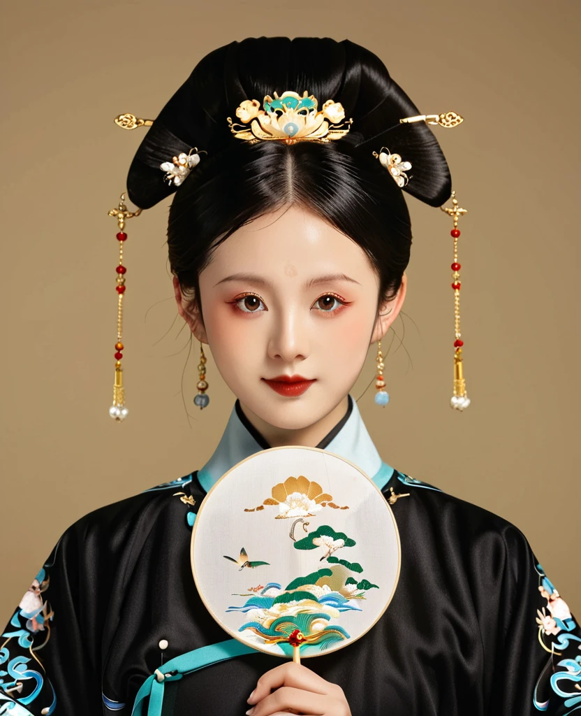Chinese classical girl portrait，symmetry，Round Face，Bright Eyes，Smooth skin，Chinese Song Han uniform,egotistical,Holding a Chinese fan，Clean background