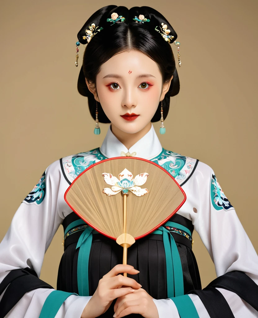 Chinese classical girl portrait,symmetry,Round Face,Bright Eyes,Smooth skin,Chinese Song Han uniform,egotistical,Holding a Chinese fan,Clean background