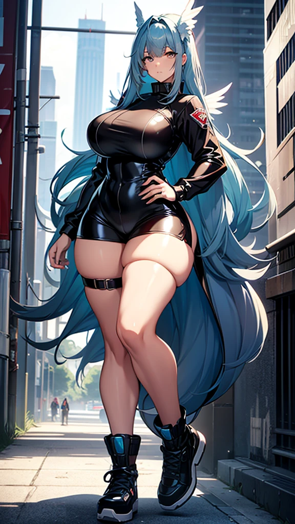 one woman, winged girl, large wing , Long tail, cadet-blue hair, extremely large hair, strong, firm body, thick thighs, big breasts, muscular arms, casual clothes, sfw, sexy, full body, masterpiece, highly detailed, shiny clothes, latex, tall women,