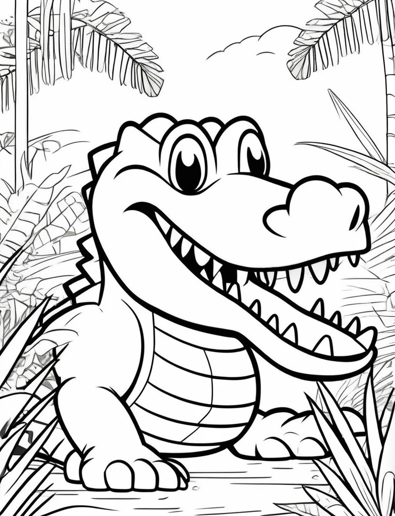 an alligator to color, in cartoon style, in the jungle appearing to smile