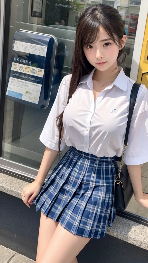 Cinema Lighting、Highest quality、Photo taken from outside a public telephone、Girl in a public phone、(Kitagawa.Marine)high school girl、Navy blue pleated skirt、Striped panties、、Spread your legs、Sweat、Super huge breasts、Press your chest against the window glass、