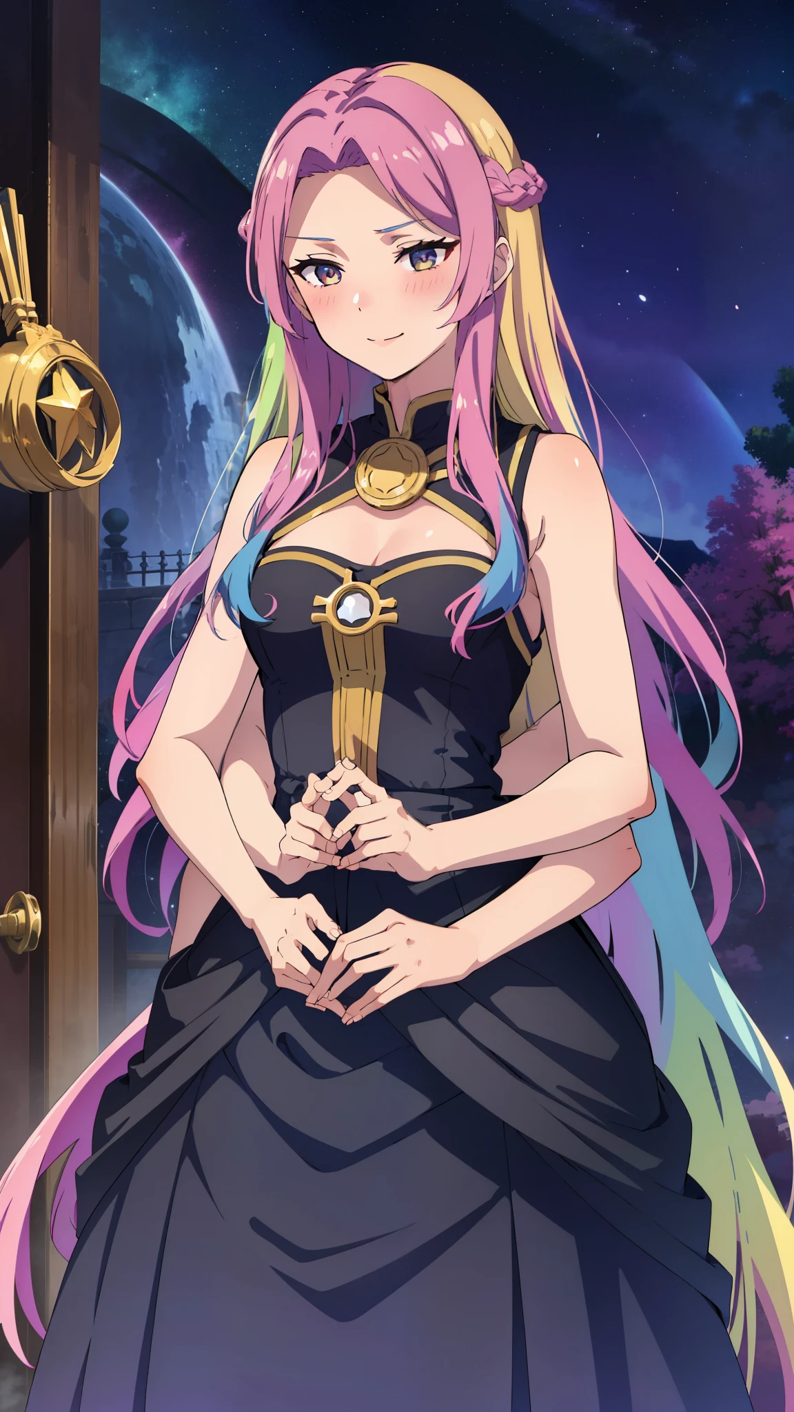 (1girl,20 years old),rainbow hair,long hair,medusa hair,black dress, sleeveless,bare shoulders,smile,sensual,beautiful,blush,extra arms,four arms,cleavage,night,looking at view,loving,starry Night,village,leaning forward,from front