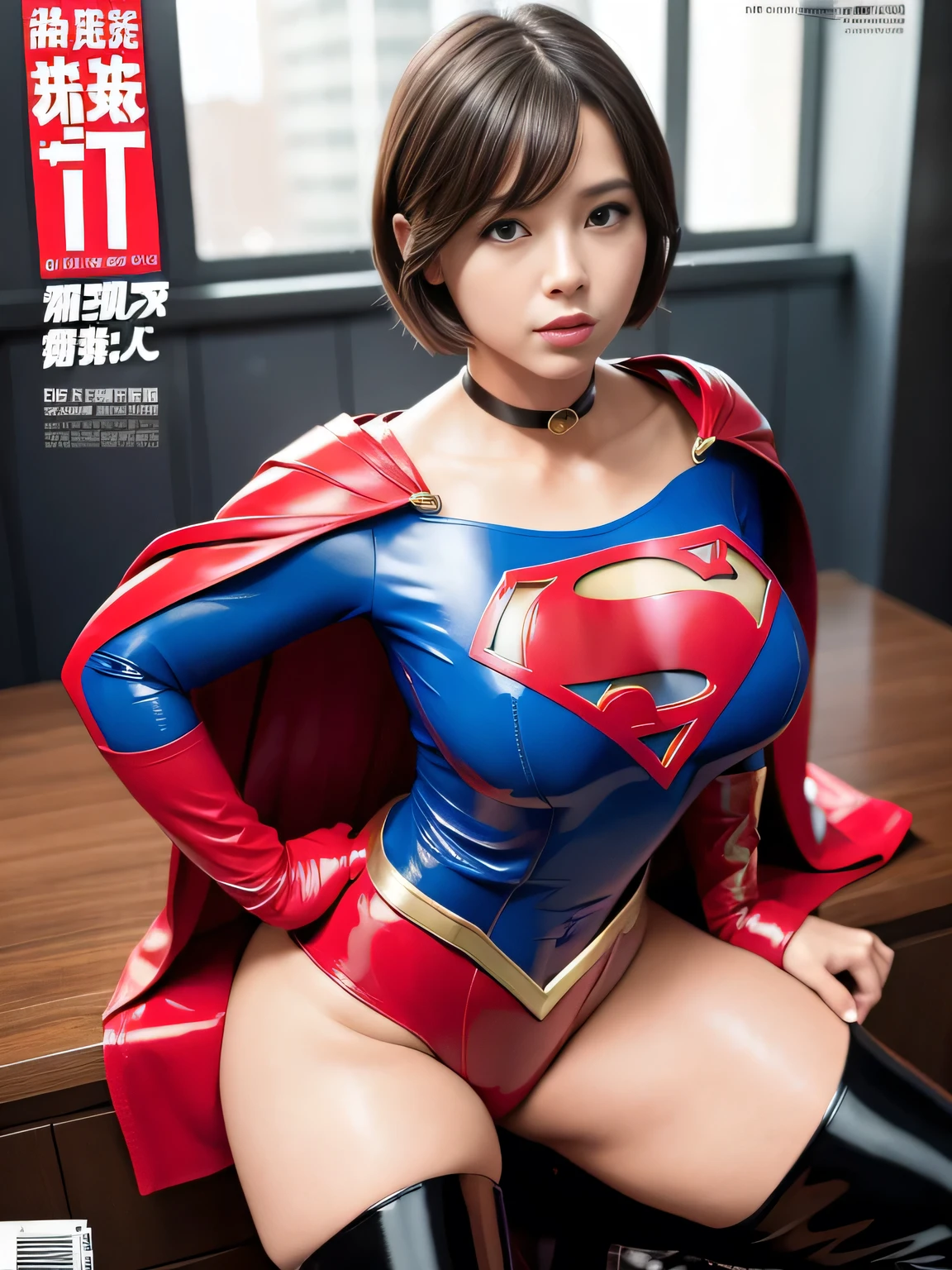 masterpiece、Latex Supergirl Costume、short hair、operating table、Patent leather boots、Big and ample breasts、choker、Long sleeve、Red mini skirt、Looking at the camera、Off the shoulder、Beautiful Body、Weekly magazine cover、