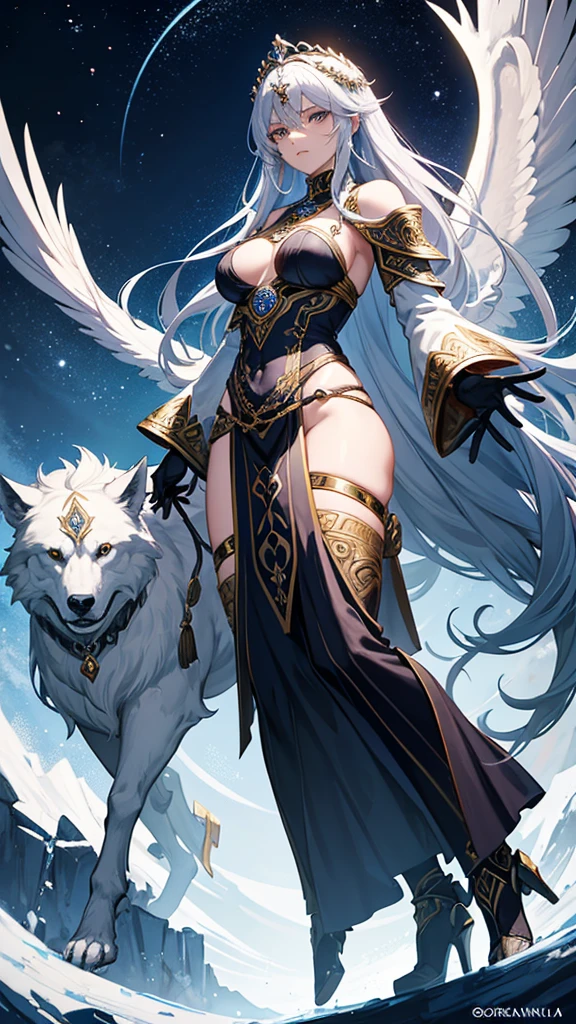 Create an illustration of Odin from Norse mythology reimagined as a beautiful girl. This female Odin should embody elegance and power. She has strikingly beautiful, sharp, regal features with high cheekbones, a delicate nose, and full lips. She has one piercing icy blue or silver eye radiating wisdom and authority, and her other eye is covered with a patch or hidden by her hair, symbolizing the eye Odin sacrificed for wisdom. Her long, flowing hair is either silver or golden, cascading down her back with a slightly wild, untamed look. She wears a combination of Norse warrior and royal attire, including a long, flowing cloak, fur accents, and intricate armor with runic engravings. The colors of her outfit are rich and regal, such as deep blues, blacks, and metallic gold or silver. She wears a crown or circlet reflecting her status as the All-Father, with intricate designs possibly incorporating raven or wolf motifs. She holds an elegantly designed spear, Gungnir, with confidence. The background is a grand, mystical setting reflecting Asgard, including elements like the Yggdrasil tree glowing with ethereal light. The sky is a twilight mix of purples and blues, with the Bifrost bridge visible in the distance. Her two ravens, Huginn and Muninn, are perched on her shoulders or flying nearby, adding a sense of movement and life to the illustration. Her wolves, Geri and Freki, stand by her side, looking majestic and protective. The overall atmosphere is mystical and awe-inspiring, with a sense of ancient wisdom and power. The lighting is dramatic, with highlights and shadows accentuating her features and attire.