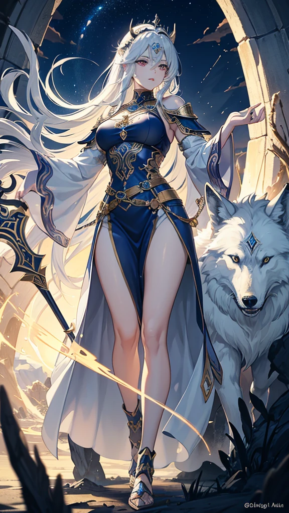 Create an illustration of Odin from Norse mythology reimagined as a beautiful girl. This female Odin should embody elegance and power. She has strikingly beautiful, sharp, regal features with high cheekbones, a delicate nose, and full lips. She has one piercing icy blue or silver eye radiating wisdom and authority, and her other eye is covered with a patch or hidden by her hair, symbolizing the eye Odin sacrificed for wisdom. Her long, flowing hair is either silver or golden, cascading down her back with a slightly wild, untamed look. She wears a combination of Norse warrior and royal attire, including a long, flowing cloak, fur accents, and intricate armor with runic engravings. The colors of her outfit are rich and regal, such as deep blues, blacks, and metallic gold or silver. She wears a crown or circlet reflecting her status as the All-Father, with intricate designs possibly incorporating raven or wolf motifs. She holds an elegantly designed spear, Gungnir, with confidence. The background is a grand, mystical setting reflecting Asgard, including elements like the Yggdrasil tree glowing with ethereal light. The sky is a twilight mix of purples and blues, with the Bifrost bridge visible in the distance. Her two ravens, Huginn and Muninn, are perched on her shoulders or flying nearby, adding a sense of movement and life to the illustration. Her wolves, Geri and Freki, stand by her side, looking majestic and protective. The overall atmosphere is mystical and awe-inspiring, with a sense of ancient wisdom and power. The lighting is dramatic, with highlights and shadows accentuating her features and attire.
