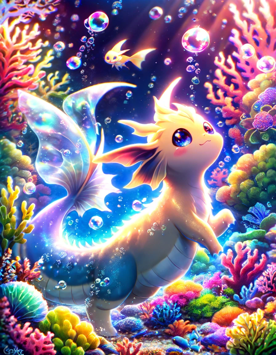 absurdres, highres, ultra detailed, HDR, master piece, best quality, Vaporeon, Pokemon, solo, under the water, fish, bubbles, corals, plants, colorful lights, fantasy, magical, shining, sparkling