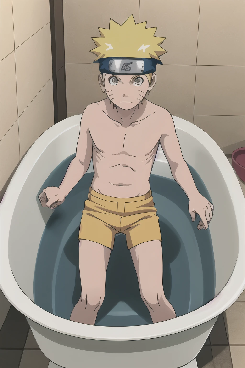 Naruto, shirtless, yellow briefs, bathtub, 12-year-old boys,