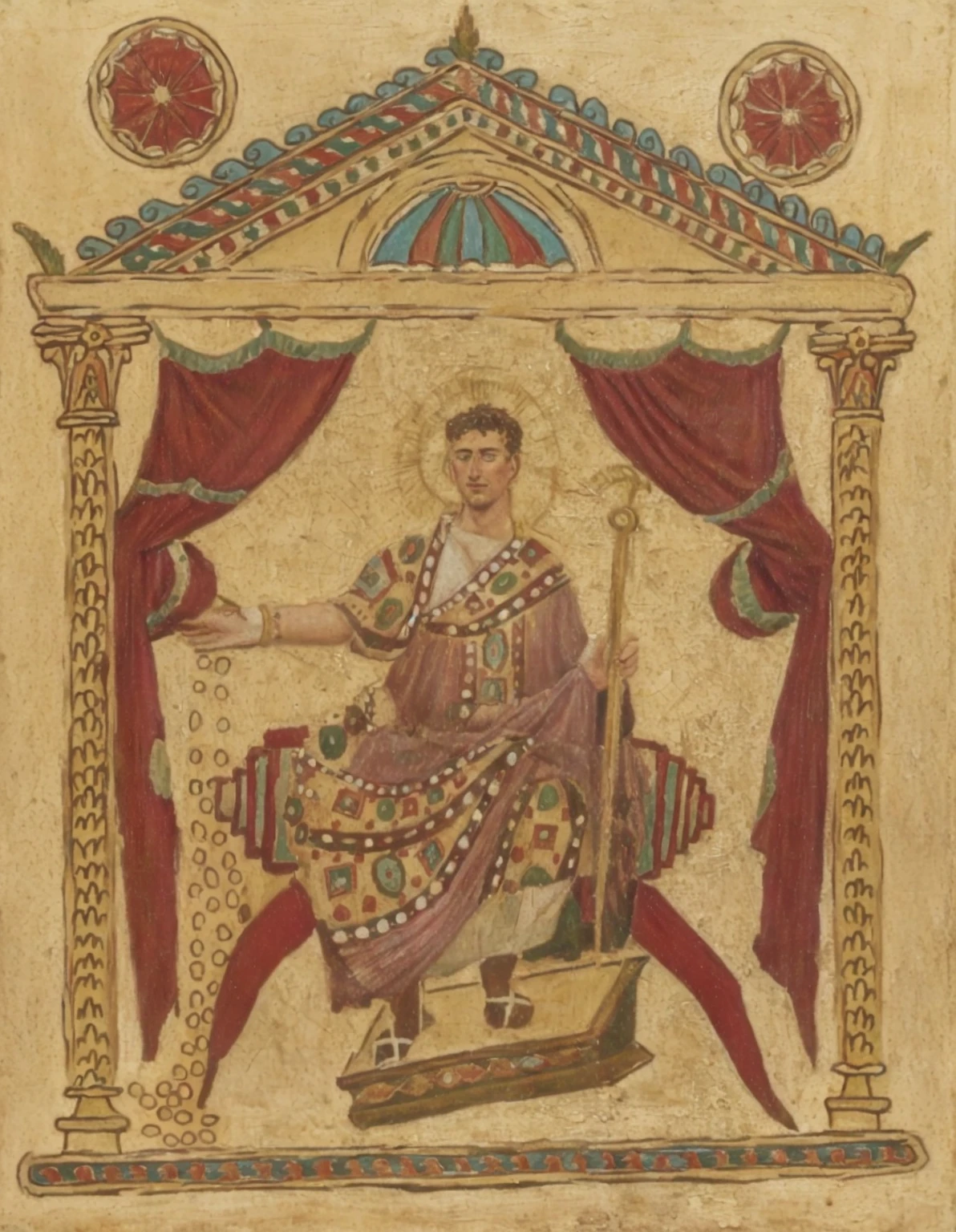 a close up of a painting of a man sitting on a chair, ancient roman painting, fresco painting, fresco, ancient greek painting, historical artistic depiction, holding his trident, the greek god of wine, inspired by Augustus Dunbier, seated on a throne, neoclassic painting, dionysus, man holding spear, roman emperor, ancient rome man, neo-classical painting
