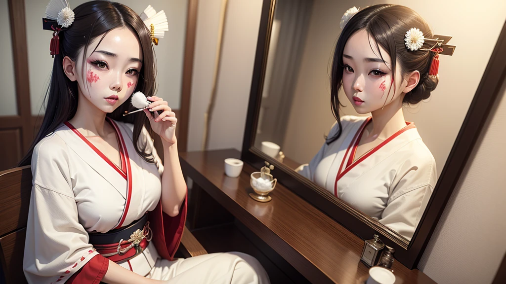 8k resolution, high image quality, real, maiko, woman, young, waiting room, facing the mirror, painting white powder on the face,