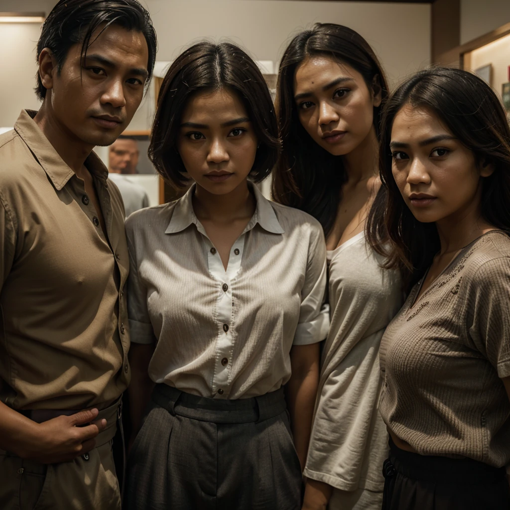 a man with two wives, indonesian man, man with two women, man in shirt and pants, man with two beautiful women, detailed face and eyes, detailed facial features, realistic portrait, high quality photo, 8k, hyperrealistic, photorealistic, cinematic lighting, warm color tones, dramatic lighting, dramatic shadows, intricate details, masterpiece