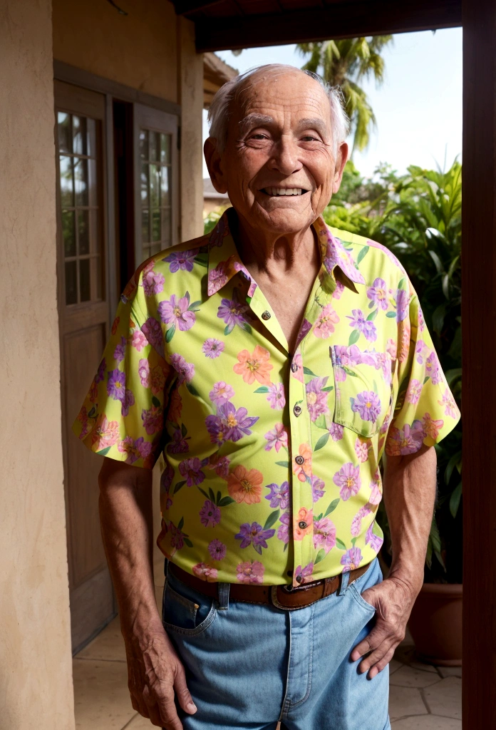 An elderly man, smiling, wearing a colorful flower shirt. He is wearing flip-flops and brown shorts. The man is standing facing the viewer. money bills are coming out of your blouse pocket. pixar model