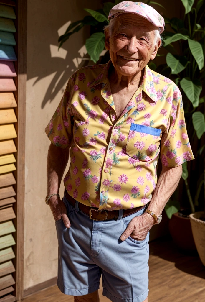 An elderly man, smiling, wearing a colorful flower shirt. He is wearing flip-flops and brown shorts. The man is standing facing the viewer.  money bills are coming out of your blouse pocket. pixar model