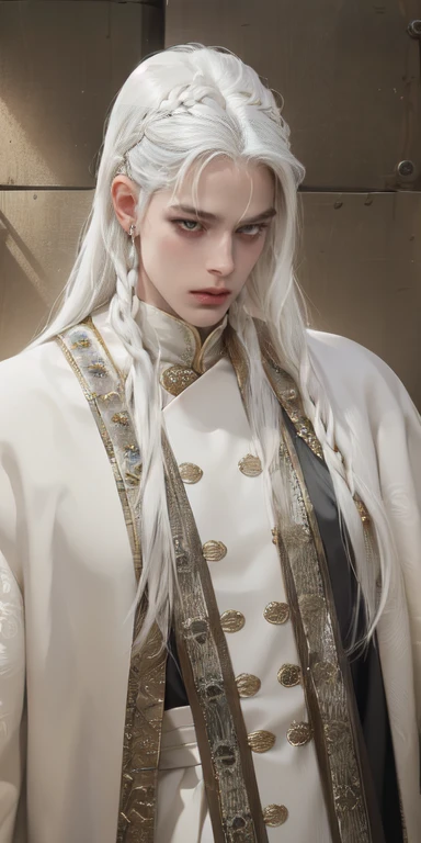 best qualityer, work of art,White hair, gold eyes,white clothes, looking up, trunk,lock of hair,skin fair,side braids, naughty man, male, 8K