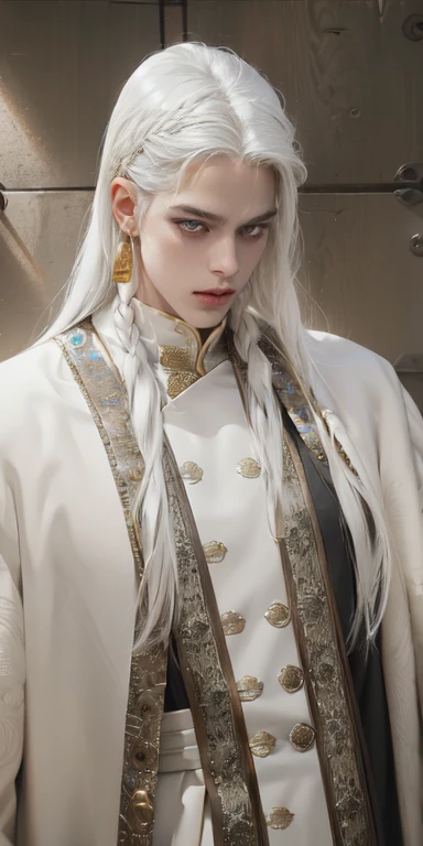 best qualityer, work of art,White hair, gold eyes,white  clothes, looking up, trunk,lock of hair,skin fair,side braids, naughty man, male, 8K