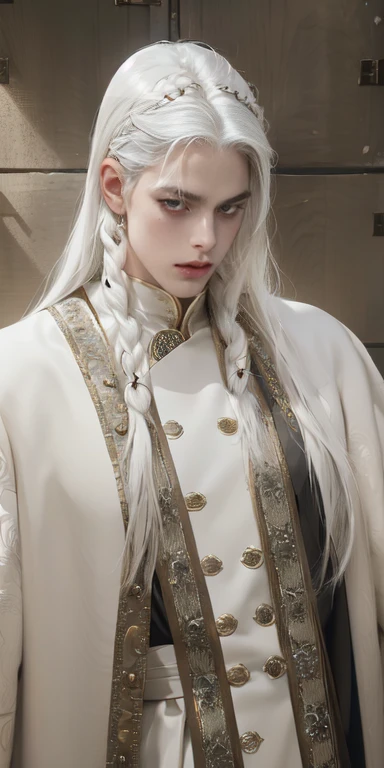 best qualityer, work of art,White hair, gold eyes,white clothes, looking up, trunk,lock of hair,skin fair,side braids, naughty man, male, 8K