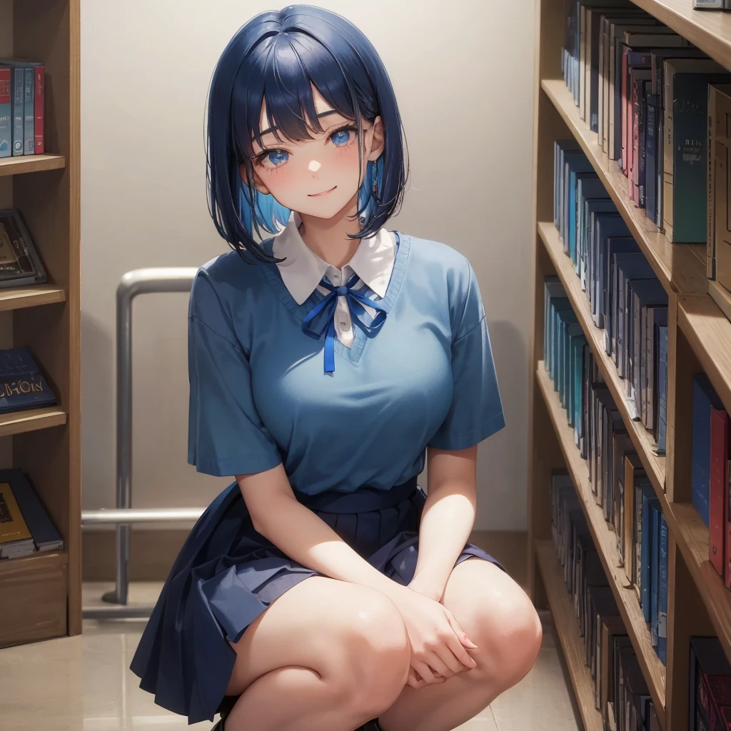 1. High school girl　-yeld fee　Bobcut　dark blue hair color　High School Uniform　Light blue Y-shirt　Short sleeve　Blue Ribbon　dark blue hair color　Slim figure　Large Breasts　Full body portrait　School library　Smiling Kindly　Laugh a little　library　Hand Signs　squat　Kneel　Look up here　