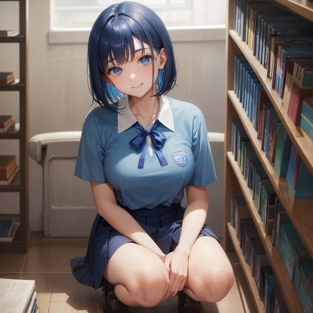 1. High school girl　17-year-old female　Bobcut　dark blue hair color　High School Uniform　Light blue Y-shirt　Short sleeve　Blue Ribbon　dark blue hair color　Slim figure　Large Breasts　Full body portrait　School library　Smiling Kindly　Laugh a little　library　Hand Signs　squat　Kneel　Look up here　