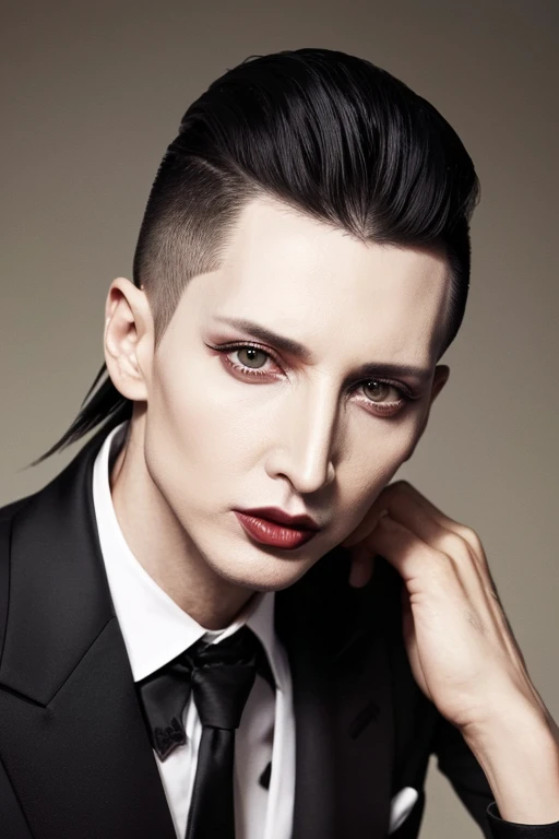 Aquiline Nose。Handsome。Male Westerner。Long hair with shaved sides。Strong bone structure and slim body。Rock Fashion。no eyebrows。Black Makeup。Marilyn Manson in his youth