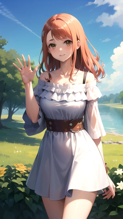 SLE, mksks style, detailed background solo, 1girl, emma verde, red hair, blue eyes, twin braids, white dress, sleeveless dress, frilled dress, frills, dress lift, lifted by self, smile, blush, looking at viewer, standing, clothes grab, cowboy shot, mountains, alps, blue sky, clouds, sunlight, outdoors