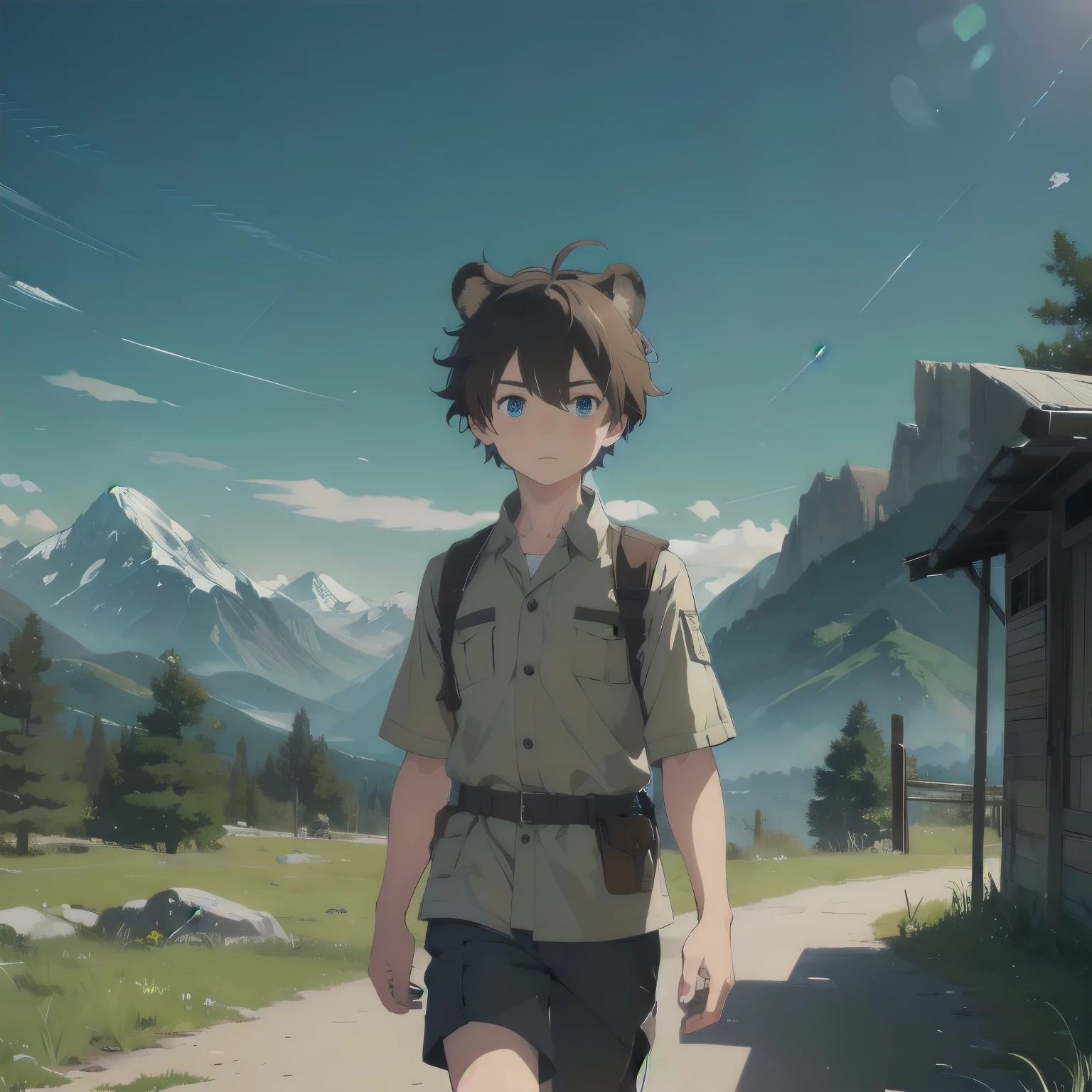 (masterpiece), 1boy, solo, solo male, best quality, expressive eyes, perfect face, sketch style, (sfw), best quality, kemonomimi, bear ears, animal ears, brown hair, short hair, messy_hair, blue eyes BREAK freckles, (little boy, young boy), outdoors, mountains, mountainous road, rocks, walking, looking away, (safari uniform), Brown uniform, Brown shorts BREAK boots