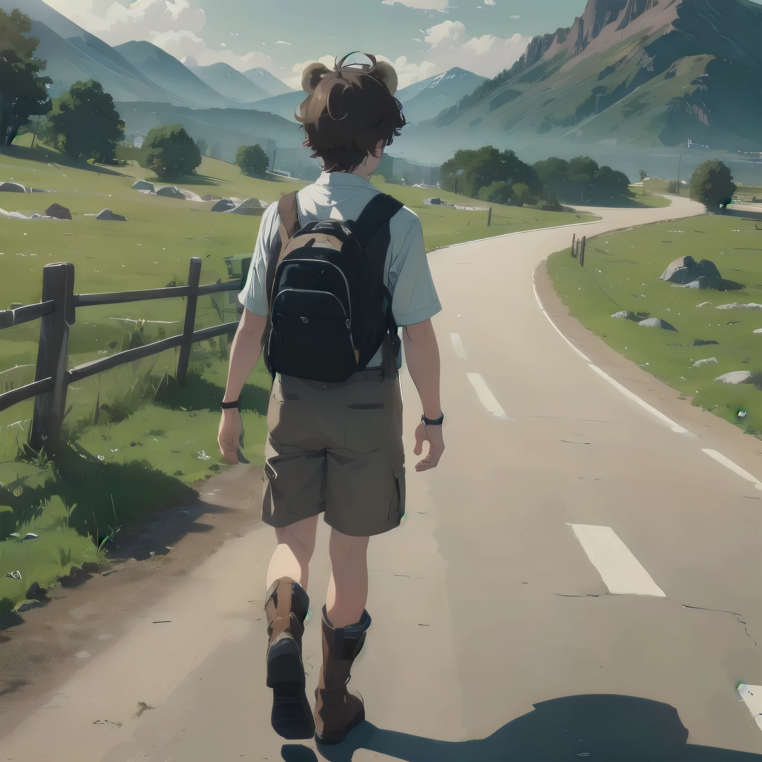 (masterpiece), 1boy, solo, solo male, best quality, expressive eyes, perfect face, sketch style, (sfw), best quality, kemonomimi, bear ears, animal ears, brown hair, short hair, messy_hair, blue eyes BREAK freckles, (, young boy), outdoors, mountains, mountainous road, rocks, walking, looking away, (safari uniform), Brown uniform, Brown shorts BREAK boots