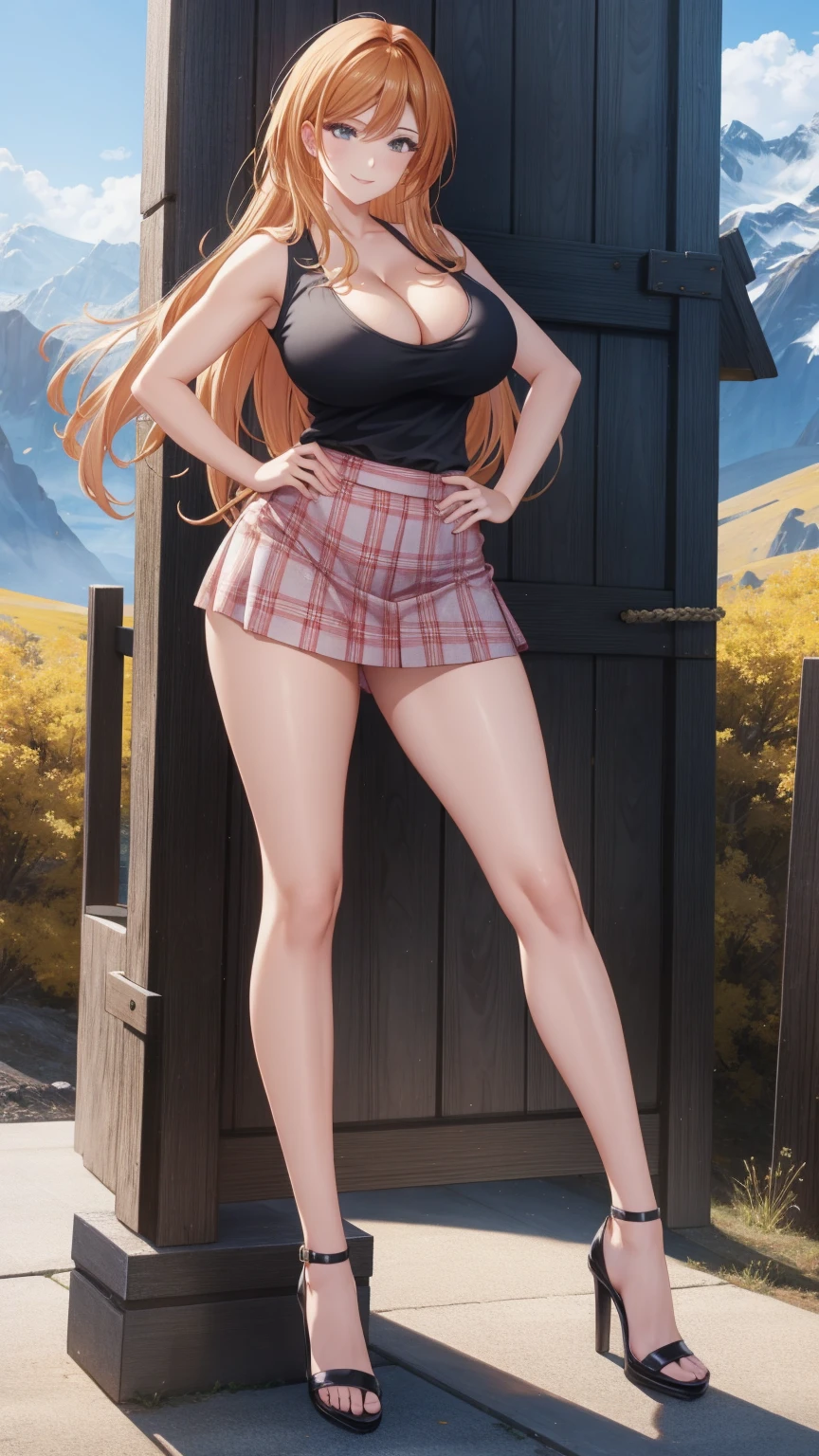 1 girl, very big breasts, very sexy body, 1 girl in, a smile, looks at the viewer, black shirt, super short white school miniskirt, full body, giant breasts, cleavage, giant breasts, heels, background in the mountains 1 girl , with big breasts. long legs QUEEN huge tits, (cleavage), high legs, (standing), sexy and muscular body. short skirt.4k hd