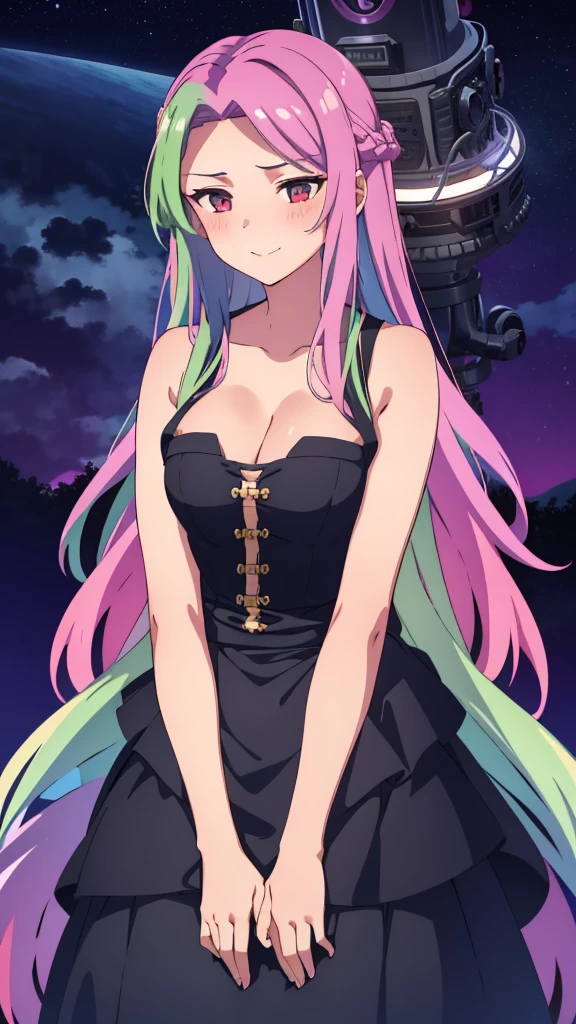 (1girl,20 years old),rainbow hair,long hair,medusa hair,black dress, sleeveless,bare shoulders,smile,blush,extra arms,four arms,cleavage,night,looking at view,loving,starry Night,village,((leaning forward)),from front