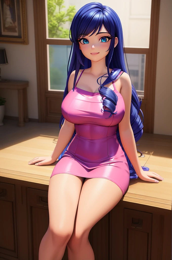 (8k, RAW photo, best quality, masterpiece:1.2), (intricate details), perfect eyes, perfect face, perfect lighting, beautiful, (masterpiece:1.2), (best quality:1.2), 1girl, solo, Marinette, blue hair, ((long loosen hair)), adult torso, 19 years old, slight smile, huge sized breasts, (pink dress), cowboy shot, 3DMM, sitting, front view