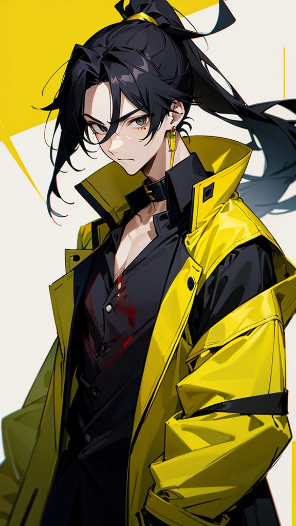 Male character with black hair with a half ponytail and a yellow jacket black eyes u. Black collar, black shirt, anime style, manga style and long hair that is from an anime drawing. With a black shirt with yellow earrings and a yellow jacket with blood.
