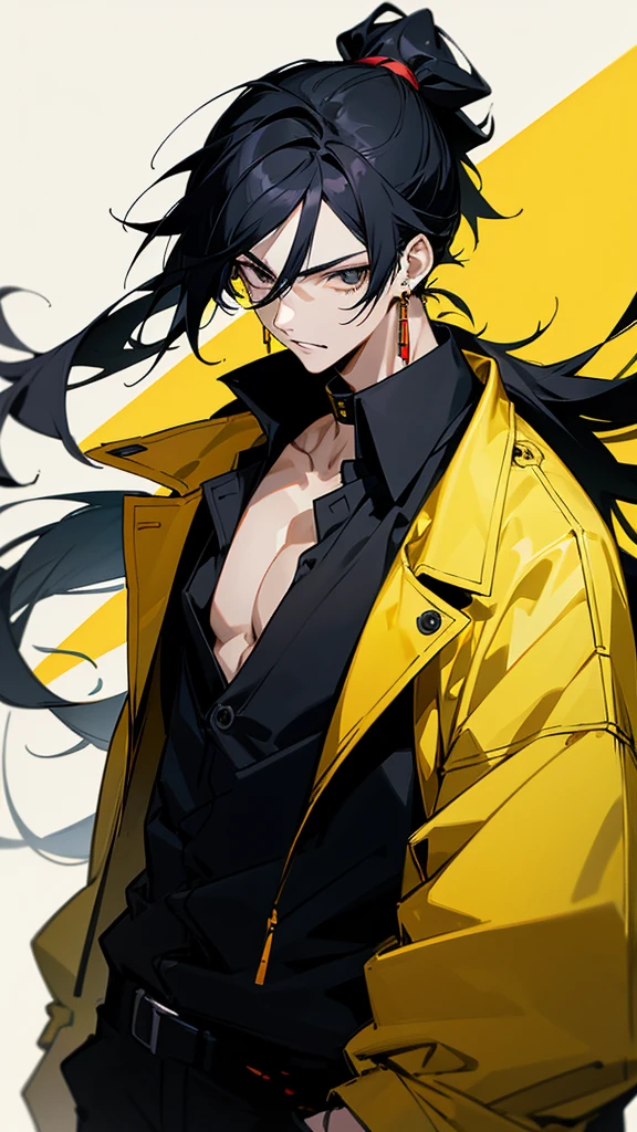 Male character with black hair with a half ponytail and a yellow jacket black eyes u. Black collar, black shirt, anime style, manga style and long hair that is from an anime drawing. With a black shirt with yellow earrings and a yellow jacket with blood.