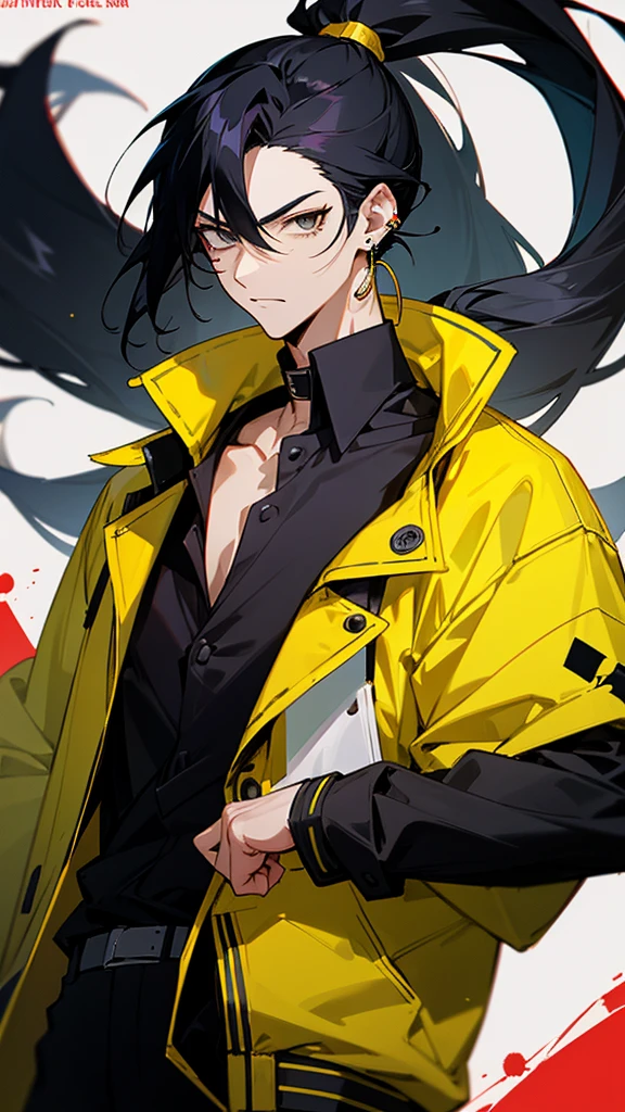Male character with black hair with a half ponytail and a yellow jacket black eyes u. Black collar, black shirt, anime style, manga style and long hair that is from an anime drawing. With a black shirt with yellow earrings and a yellow jacket with blood. 

