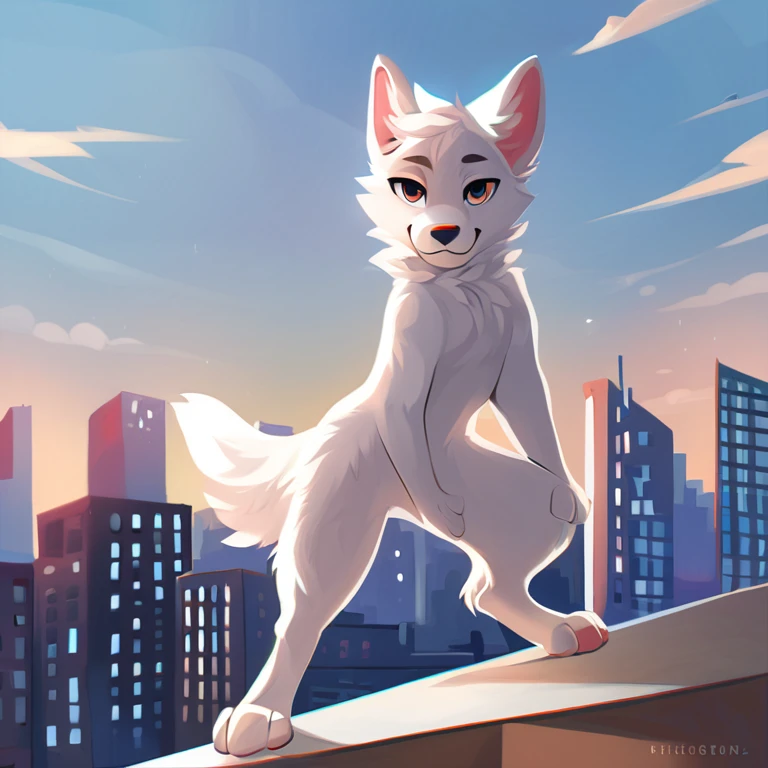 Solo, male, furry art, fursona, ((canine)), (((white primary fur))), white secondary, (perky ears), cool pose, city background, amazing art, masterfully executed, beautiful background, normal body, paws.