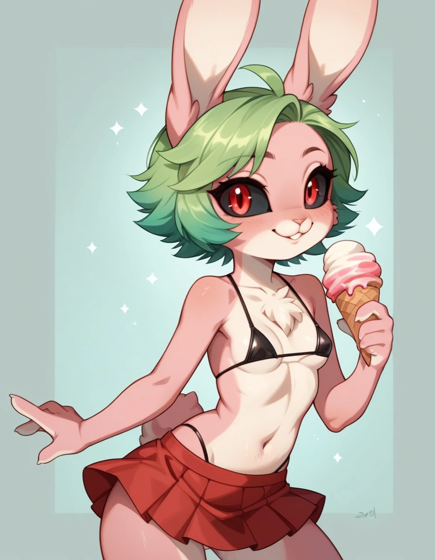 score_9, score_8_up, score_7_up, score_6_up, score_5_up, score_4_up, BREAK rating_explicit, source_furry, solo female rabbit, posing sexy, 1girl, rabbit, anthro, detailed face, standing,((red micro top, red mini skirt,holding an ice cream)),(((Black Sclera:1.5, red eyes))), female focus, solo, anthro, smile, seductive, smile, small breasts, cheek tuft, chest tuft, eyelashes, eyelids, facial tuft, light beige fur,((Pink skin, pink fur)),((rabbit tail)), two-tone body, two-tone fur,((smal body,young,)),((Green hair, short hair)
