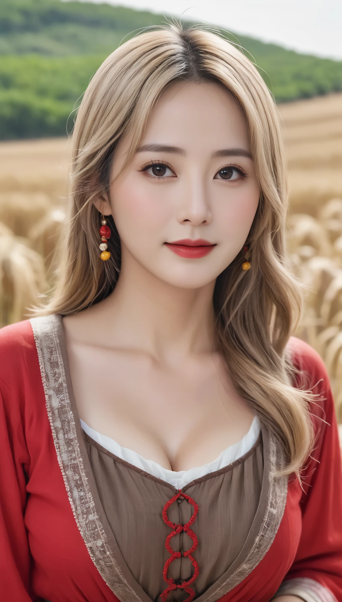 (((Hyper Real)))、Ancient peasant woman、Women in agriculture、(((Big big big boobs)))、(Easy to wear, Modest clothing)、 Beautiful woman ((High resolution)) High resolution、blonde mature、Very attractive mature woman、Attractive middle-aged woman、(((大きなBig cleavage)))、Fine skin、超High resolution、Plump figure、Beautiful smile、中年Beautiful woman、Beautiful expression、Beautiful brown eyes、Fluffy long blonde hair、非常に繊細でFine skin、45 歳のAncient peasant woman、((In the countryside))、Women in agriculture、Big cleavage、Bright red lips、(Simple clothing)、