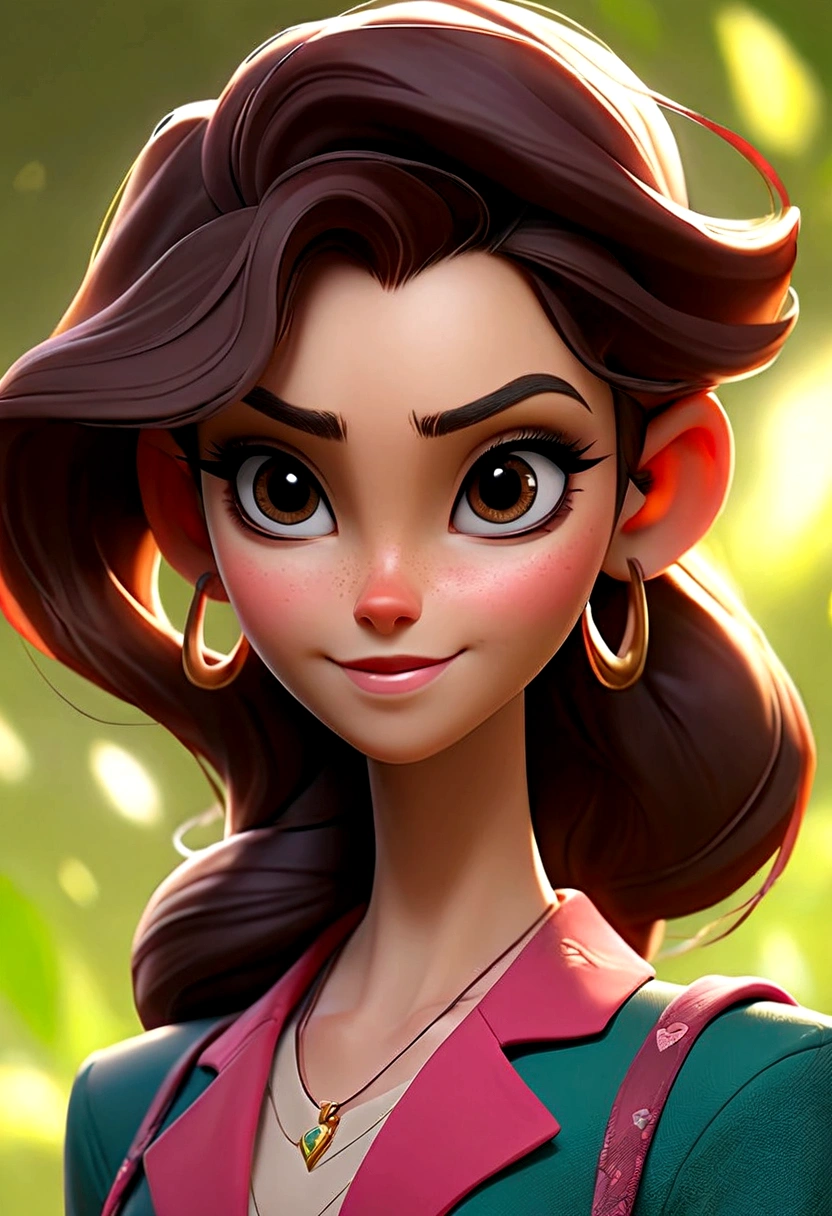 Commercial coordinator, a 35 year old woman, and she is 163 cm tall, well designed mouth, smiling, your hair is wavy pink, falling just above the shoulders, often tied in a ponytail with a few loose strands framing your face, Her eyes are big, Ablaze, round-cropped, She has fair skin, your face is heart-shaped with high cheekbones and a pointed chin, She often wears colorful clothes that reflect her artistic personality focused on rock appreciation.,   she should be in another position so that her height can be seen.