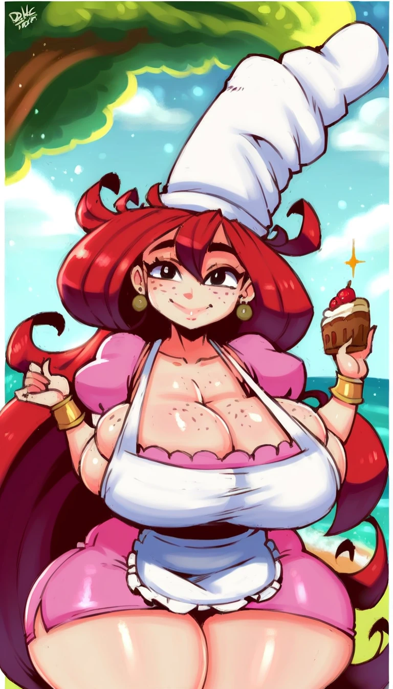 (masterpiece, best quality, Highly detailed, Highly detailed, High Quality, perfect quality, good quality, HDR, UHD), Score_9, score_8_up, Betilla the nymph, (((1girl, solo, alone))), (((red hair, long hair, black eyes, curvy, freckles, ????????????, thick thighs, wide ????))), looking at viewer, smile, blush, 

(((       chef hat, white apron, pink dress, puffy sleeves, puffy short sleeves, jewelry, earrings, kitchen, cake       ))),

dynamic pose, dynamic angle, cowboy shot,

indoor, 
