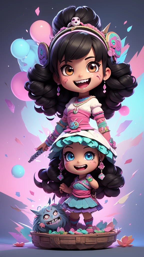 Black and white, zombie mayan warrior holding punk aztec mawscots. black hair brunette, dream pastel anime. pastel kawaii tech colors, moecore. chibicore. Cute and soft shoujo anime style. smiling, mouth open, full body, psicion t