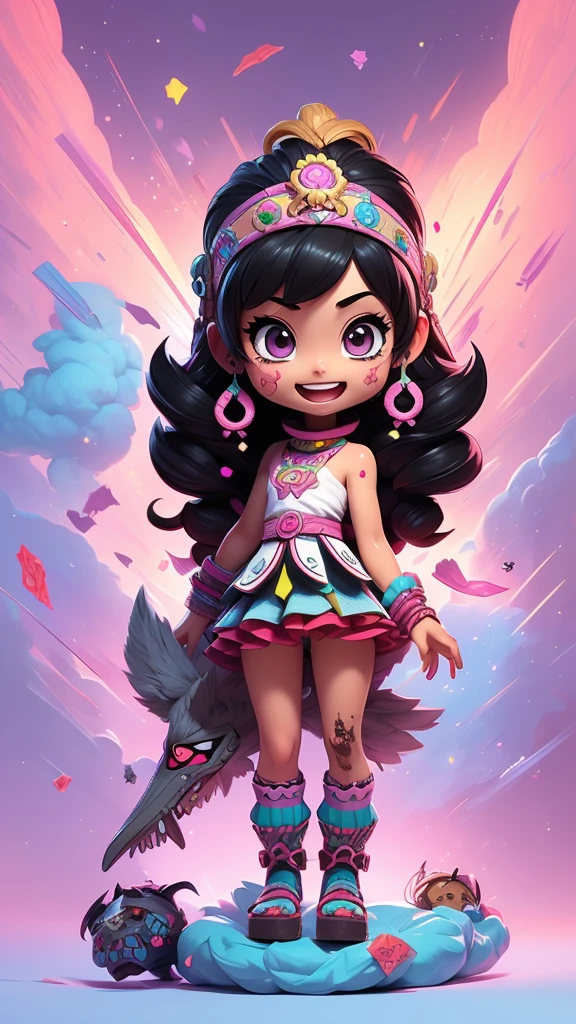Black and white, zombie mayan warrior holding punk aztec mawscots. black hair brunette, dream pastel anime. pastel kawaii tech colors, moecore. chibicore. Cute and soft shoujo anime style. smiling, mouth open, full body, psicion t