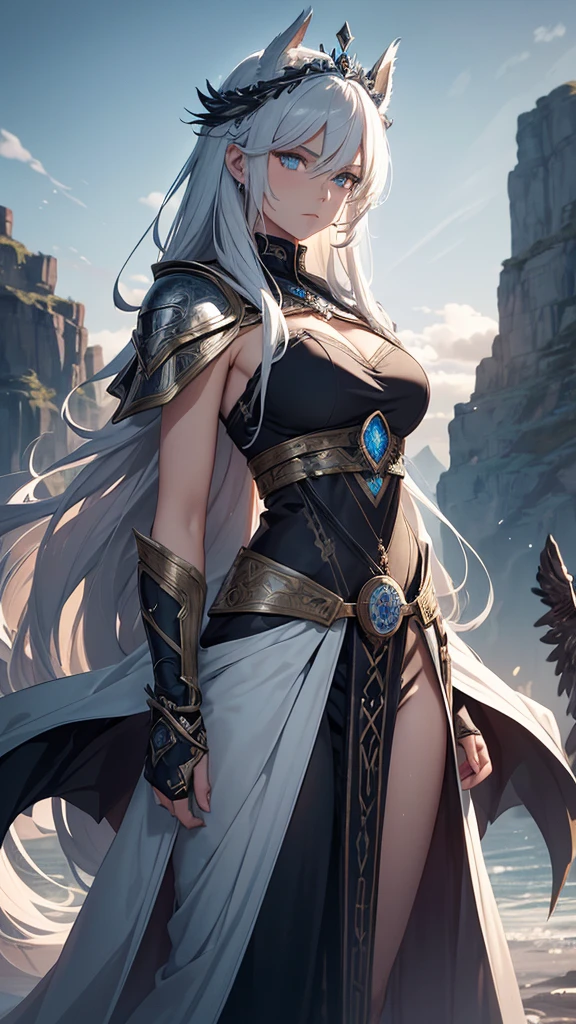 Create an illustration of Odin from Norse mythology reimagined as a beautiful girl. This female Odin should embody elegance and power. She has strikingly beautiful, sharp, regal features with high cheekbones, a delicate nose, and full lips. She has one piercing icy blue or silver eye radiating wisdom and authority, and her other eye is covered with a patch or hidden by her hair, symbolizing the eye Odin sacrificed for wisdom. Her long, flowing hair is either silver or golden, cascading down her back with a slightly wild, untamed look.
She wears a combination of Norse warrior and royal attire, including a long, flowing cloak, fur accents, and intricate armor with runic engravings. The colors of her outfit are rich and regal, such as deep blues, blacks, and metallic gold or silver. She wears a crown or circlet reflecting her status as the All-Father, with intricate designs possibly incorporating raven or wolf motifs. She holds an elegantly designed spear, Gungnir, with confidence.
The background is a grand, mystical setting reflecting Asgard, including elements like the Yggdrasil tree glowing with ethereal light. The sky is a twilight mix of purples and blues, with the Bifrost bridge visible in the distance. Her two ravens, Huginn and Muninn, are perched on her shoulders or flying nearby, adding a sense of movement and life to the illustration. Her wolves, Geri and Freki, stand by her side, looking majestic and protective.
The overall atmosphere is mystical and awe-inspiring, with a sense of ancient wisdom and power. The lighting is dramatic, with highlights and shadows accentuating her features and attire.