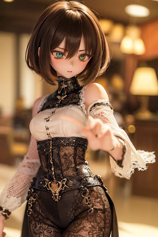 photorealistic, realistic photo, ((highest quality)), ((masterpiece)), (extremely detailed), kukolnydom, doll, (mature woman:1.6), solo, ((cowboy shot, dynamic pose)), (skinny, slender, slim, brown hair, medium hair, parted lips), detailed face, green eyes, light smile, (looking down, gradient eyes, shining eyes, eyes out of focus, emotionless eyes, blank stare, empty eyes, detailed eyes:1.3), castle, 8k