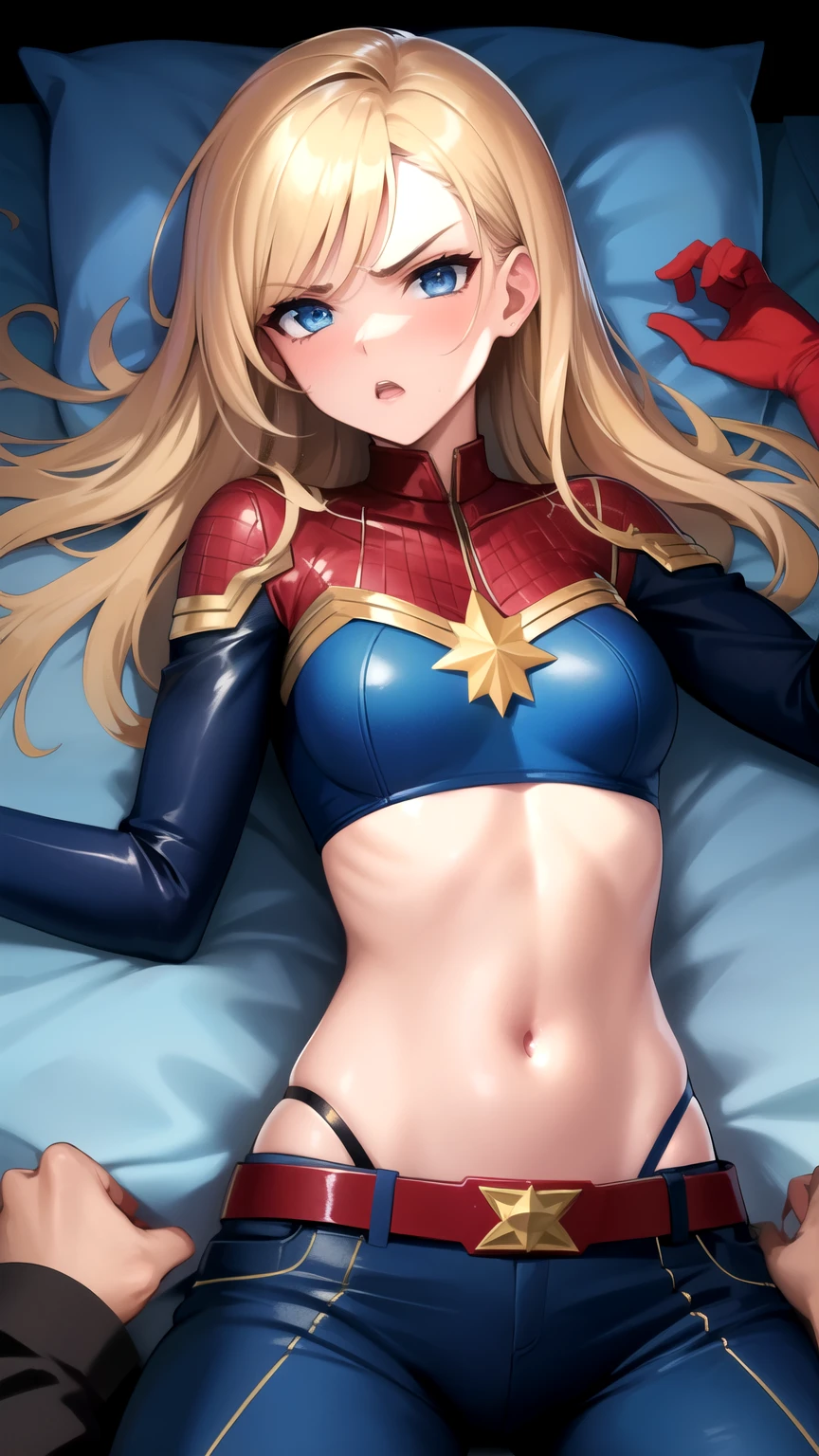 Angry, solo, 1 woman, gold hair, long hair, blue eyes, cptMarvel, Cropped top 1.4, pants 1.4, sleeves, cover breast, small breast, red gloves, belt, shiny clothes, navel, Abdomen, mature women , lying on bed, leg split,
(insanely detailed, beautiful detailed face, beautiful detailed eyes, masterpiece, best quality), solo, 1boy, pov, missionary, pov make out the girl, pov chest, pov grabs womans legs
 