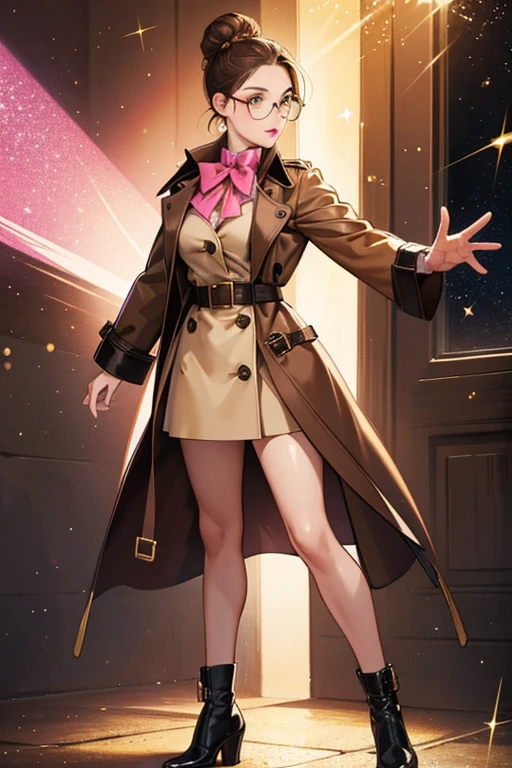 Boss Queen has medium brown skin, glitter brown hair in a large bun, black round glasses, brown hair, brown eyebrows, and pink lips. She has a gold trench coat with a black belt with a bow. She has black shoes with pink soles. SPARKLE; GLITTER