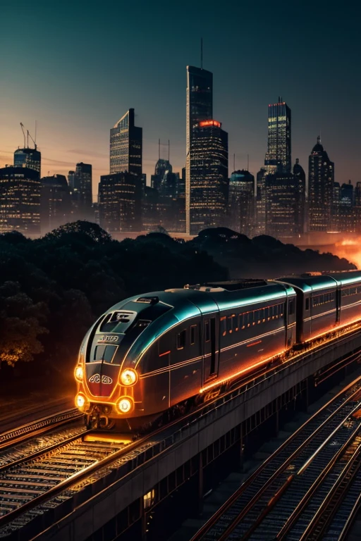 a detailed, photorealistic electric locomotive in a big city, 1930s art deco style, Metrovick electric locomotive, Metropolitan-Vickers, futuristic, dramatic lighting, shiny metal surfaces, intricate machinery, steam and smoke, skyscrapers in the background, dynamic cityscape, warm color palette, cinematic composition, best quality, 8k, highly detailed