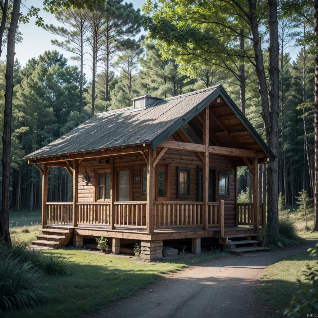 a wooden cabin nestled in a dense forest, bathed in the soft glow of dawn, rustic facade with clean lines contrasting the lush natural surroundings, dew-kissed grass, serene atmosphere with the gentle whisper of wind through leaves, (best quality,4k,8k,highres,masterpiece:1.2),ultra-detailed,(realistic,photorealistic,photo-realistic:1.37),intricate details,natural lighting,atmospheric,landscape,warm color tones,cinematic