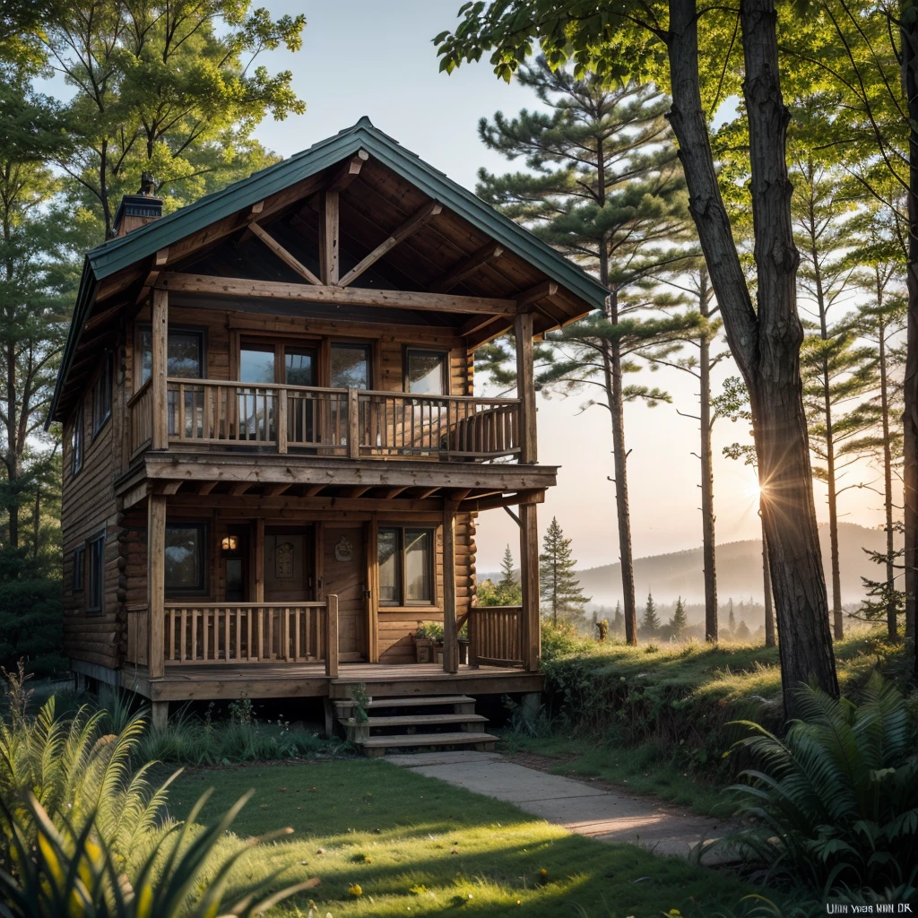 a wooden cabin nestled in a dense forest, bathed in the soft glow of dawn, rustic facade with clean lines contrasting the lush natural surroundings, dew-kissed grass, serene atmosphere with the gentle whisper of wind through leaves, (best quality,4k,8k,highres,masterpiece:1.2),ultra-detailed,(realistic,photorealistic,photo-realistic:1.37),intricate details,natural lighting,atmospheric,landscape,warm color tones,cinematic