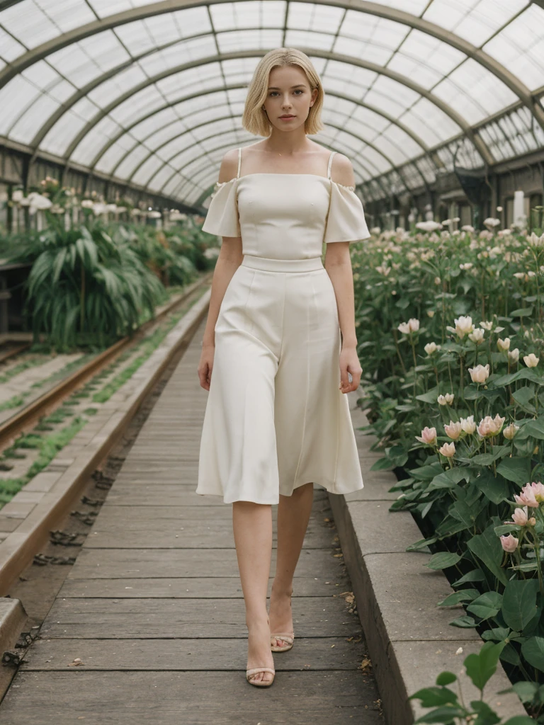 her name is Elle, high quality, 1girl, ((20-year-old fit Caucasian woman)), ((20 years old)), ((fit)), ((pale skin)), ((sleek blonde colored hair)) , wearing Off-Shoulder Satin Blouse+ High-Waisted Pencil Skirt, pose: standing, background: The former railway station that is now the Musée d'Orsay houses stunning works of Impressionist art. You stand before Monet’s "Water Lilies," captivated by the play of light and color. The open space, filled with the sound of soft footsteps and whispers, along with the scent of polished wood and faint traces of paint, creates a serene and inspiring environment.