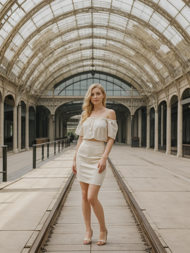 her name is Elle, high quality, 1girl, ((20-year-old fit Caucasian woman)), ((20 years old)), ((fit)), ((pale skin)), ((sleek blonde colored hair)) , wearing Off-Shoulder Satin Blouse+ High-Waisted Pencil Skirt, pose: standing, background:  The former railway station that is now the Musée d'Orsay houses stunning works of Impressionist art. You stand before Monet’s "Water Lilies," captivated by the play of light and color. The open space, filled with the sound of soft footsteps and whispers, along with the scent of polished wood and faint traces of paint, creates a serene and inspiring environment.