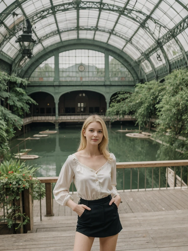 her name is Elle, high quality, 1girl, ((20-year-old fit Caucasian woman)), ((20 years old)), ((fit)), ((pale skin)), ((sleek blonde colored hair)) , wearing Off-Shoulder Satin Blouse+ High-Waisted Pencil Skirt, pose: standing, background: The former railway station that is now the Musée d'Orsay houses stunning works of Impressionist art. You stand before Monet’s "Water Lilies," captivated by the play of light and color. The open space, filled with the sound of soft footsteps and whispers, along with the scent of polished wood and faint traces of paint, creates a serene and inspiring environment.